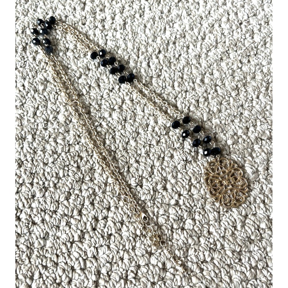Gold Tone Pendant Necklace Black Beaded Chain Statement Fashion Jewelry
